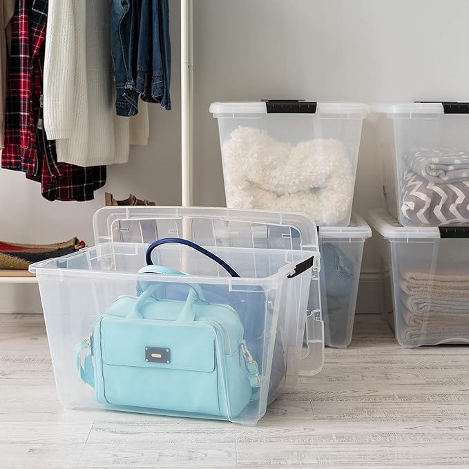 IRIS USA 54 Qt Stackable Plastic Storage Bins with Lids, 12 Pack - BPA-Free, Made in USA - See-Through Organizing Solution, Latches, Durable Nestable Containers, Secure Pull Handle - Clear