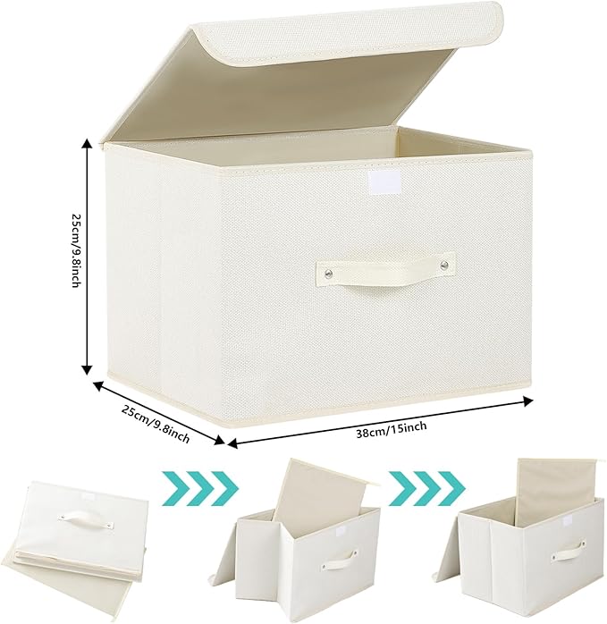Storage Boxes, Collapsible Storage Bins with Lids, Cotton and linen cloth Storage Baskets with Handle, for Books, Closet, Bedroom, Home, 15x9.8x9.8 in, Beige