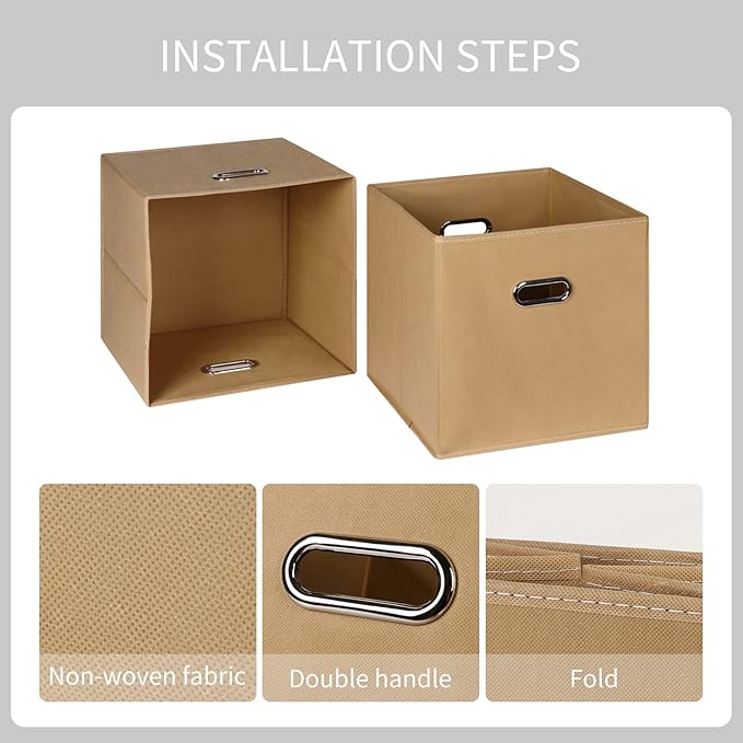 Black Fabric Cubby Storage Bins,13x13x13 Inches ,Cube Organizer Bin Foldable Storage Boxes with Dual Handles Fabric Organizer Box and collapsible Storage basket,Set of 3 ,Khaki