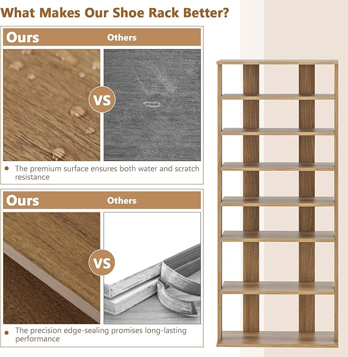 Giantex 8-Tier Wooden Shoe Rack, Patented Double Row Shoe Organizer for 16 Pairs, Customizable Height, Space-Saving Shoe Storage Stand for Entryway, Hallway, Living Room, Bedroom, Natural