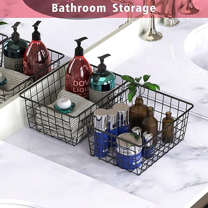 Metal Black Large Wire Basket Food Storage Organizer,pantry organizers and storage for Organizing Kitchen Cabinets potato onion, 4 Pack