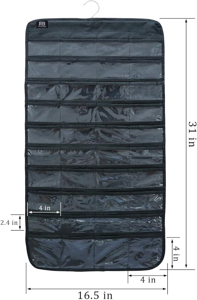 BB Brotrade Hanging Jewelry Organizer with Oxford Double Side 80 Zippered Storage Pocket (Black)