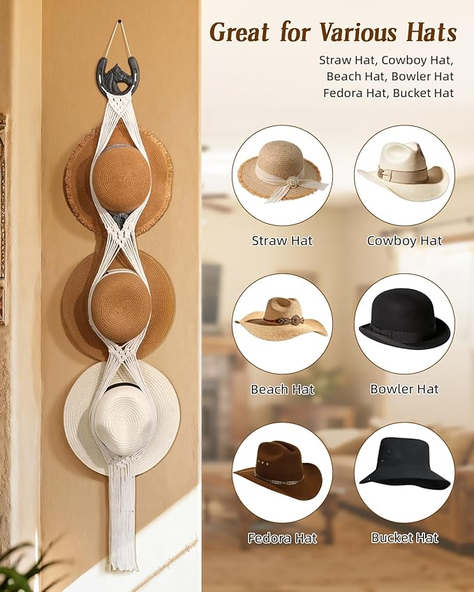 Macrame Wall Hat Rack Boho Hat Organizer Wall Mount with Cast Iron Horsehead Hanger Western Hat Holder for Women Wide Brimmed Fedora Straw Cowboy Hats Storage Back of Door Decorative Display