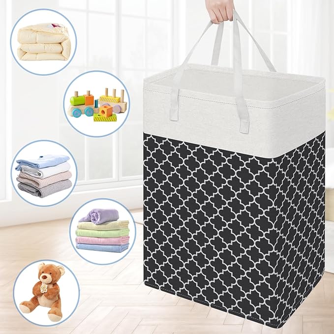 BlissTotes 3-Pack Laundry Basket, Freestanding&Waterproof Laundry Hamper, Collapsible Tall Clothes Hamper with Easy Carry Handles for Clothes, Towels in the Family and Dorm,Clover Black,100L