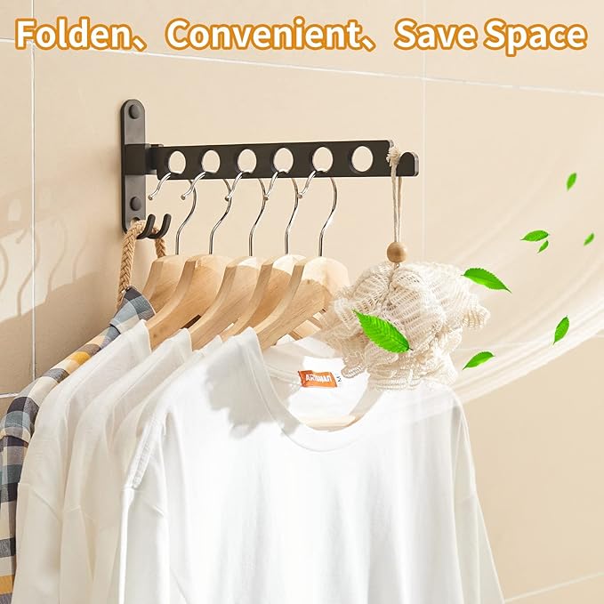JOOM Retractable Folding Wall Hanger Folding Clothes Hanger Rack Clothes Storage Organizer Laundry Hanger Sturdy Hanging Dryer Rack Clothes Hooks of Metal(Matte Black,Two Pack)
