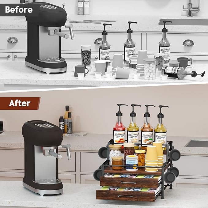 Homsorout Coffee Syrup Rack Organizer - 4-Tier 8 Syrup Wine Bottles Stand with 82 Storage Drawer for K Cups, Coffee Pod Holder for Countertop, Bar Station, Kitchen, Rustic Brown