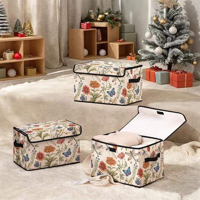 Stackable Clothes Storage Bins with Lids,Closet Organizers Fabric Cat Printing Box for Home and Office,Blanket Clothes Organizers,Under Bed Storage Containers 3 Pack.
