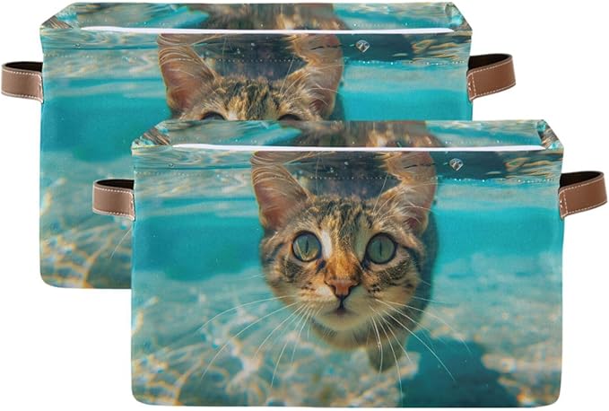 Large Storage Basket Cute Underwater Cat Storage Bin Cube Canvas Fabric Organizer Handles Collapsible for Clothes Toys Bedroom Decorative