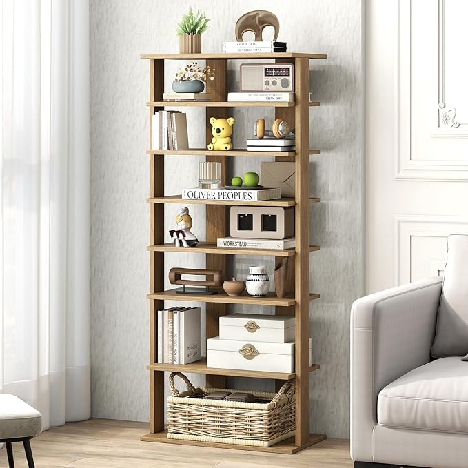 GOFLAME 7-Tier Tall Shoe Rack, Patented Freestanding Shoe Shelf Storage Organizer for 14 Pairs of Shoes, Space-Saving Vertical Shoe Stand for Entryway, Closet, Living Room, Natural