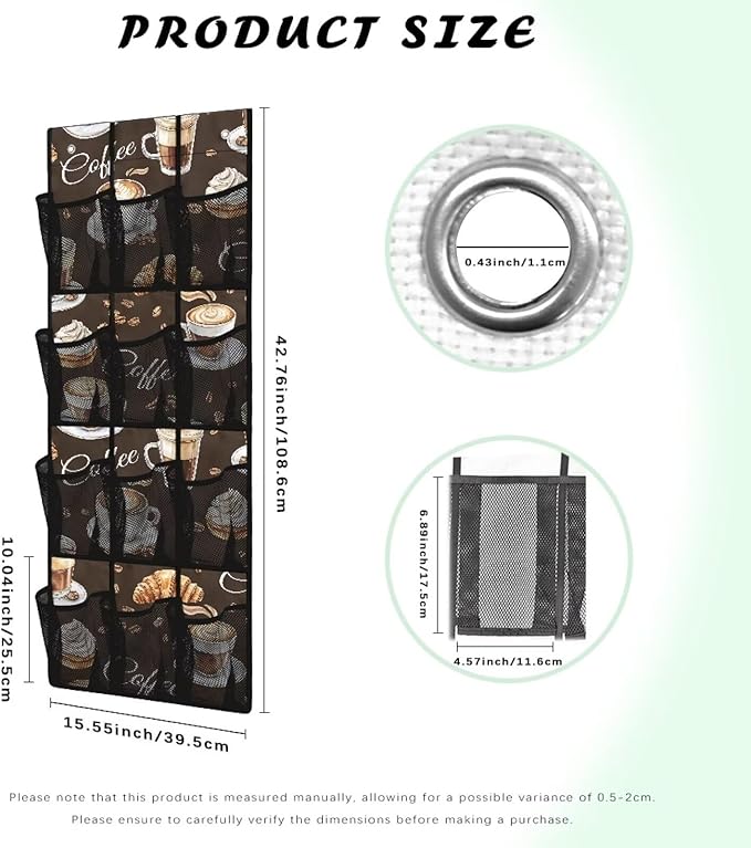 Versatile 12-Pocket Behind The Door Hanging Organizer, Made of Oxford Cloth, Waterproof Foldable and Perfect for Bathroom Bedroom Closet Storage, Coffee Print