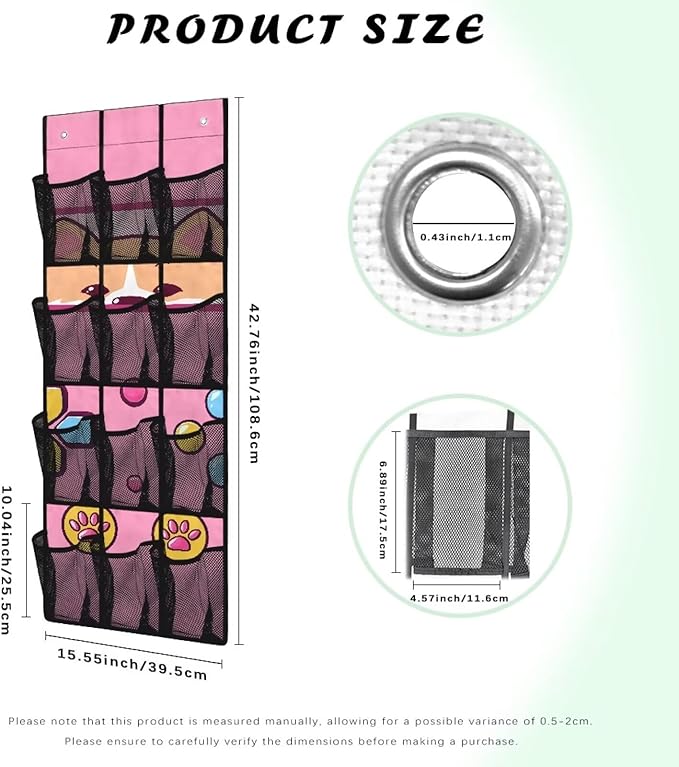 Over The Door Hanging Storage Pockets, Behind The Door Organizer, Closet Door Organizer with 12 Mesh Pockets for Bedroom Bathroom,Cute Dog