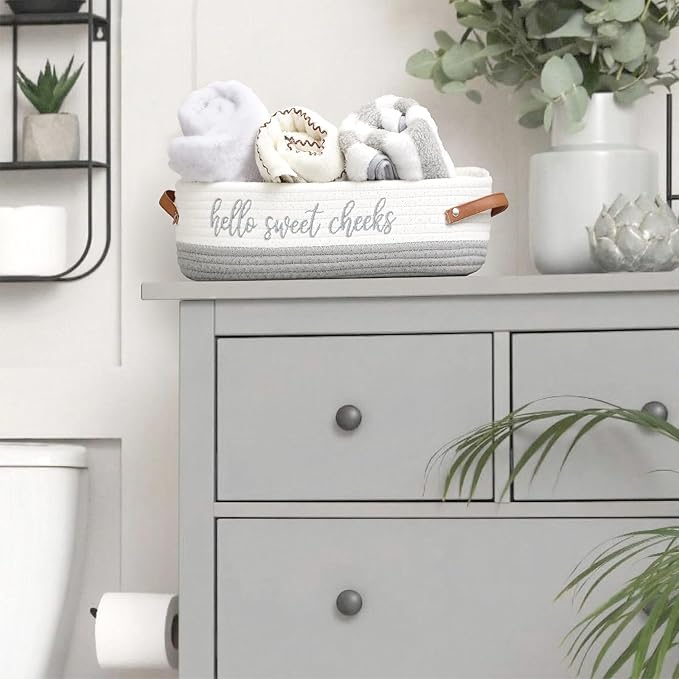 Hello Sweet Cheeks Bathroom Decoration Grey and White Cotton Rope Toilet Basket Toilet Paper Holder Basket Rustic Bathroom Organizer Farmhouse Home Decoration Organizing Small Baskets