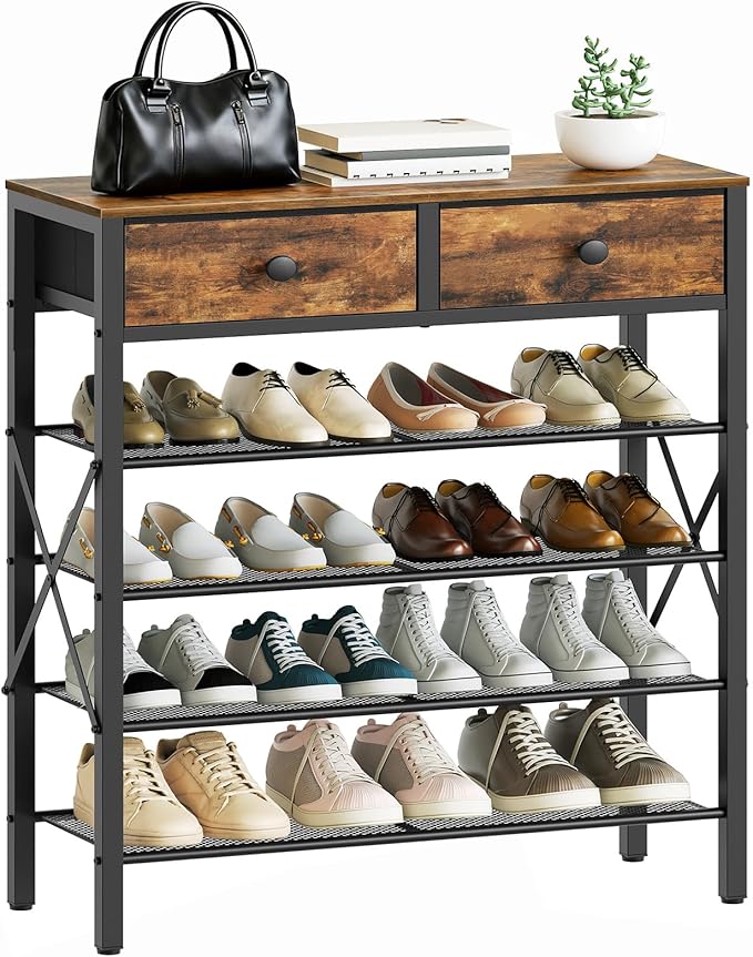 YATINEY 5 Tier Shoe Rack, Large Capacity Shoe Storage Organizer, Metal Shoe Shelf with Drawer and Wooden Top, for 20 Pairs of Shoes, for Entryway, Closet, Rustic Brown and Black SS25BRY1N1