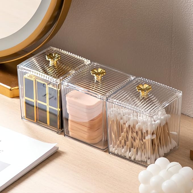DASITON Acrylic Qtip Holder, Bathroom Jars With Lids Set, Apothecary Jar Dispenser For Cotton Ball, Swab, Round Pads, Floss