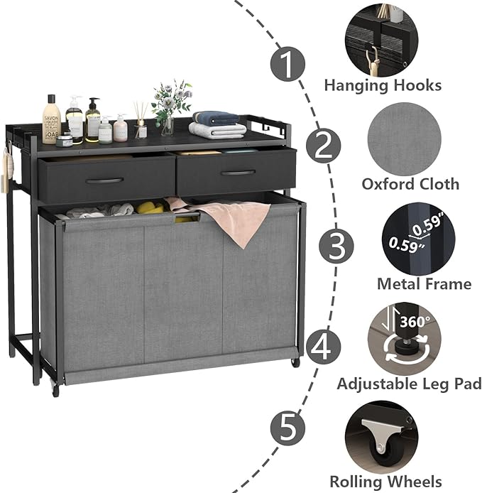 STIKELY Laundry Hamper Laundry Basket with 3 Section Pull-Out Rolling Bags, Laundry Sorter for Organization and Storage with 2 Pull-Out Drawers for Laundry Room, Bathroom, Bedroom Use (Black)