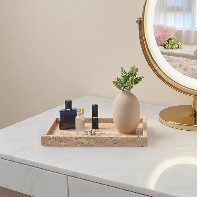 Large Travertine Vanity Tray, Luxury Stone Organizer for Bathroom & Kitchen Counter | Holds Soap Dispenser, Jewelry, Perfume Bottles | Non-Resin, Non-Ceramic Décor