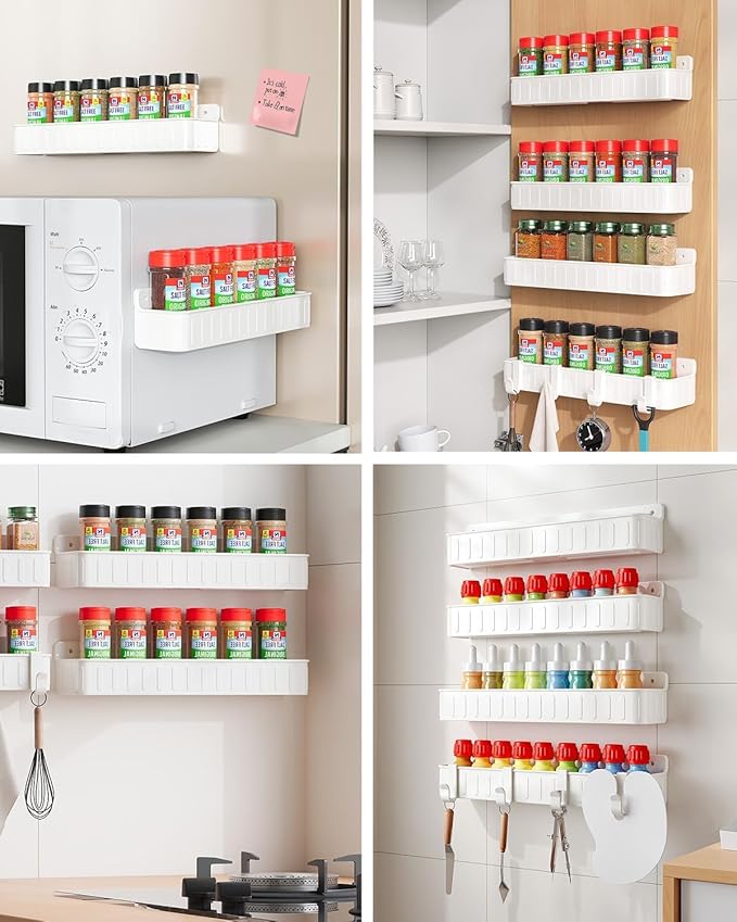Nieifi Spice Rack Wall Mount, Spice Organizer for Spice Jars, Screw or Adhesive Hanging Organizer for Kitchen Cabinet or Pantry Door, 4 Pack, White, ABS Plastic