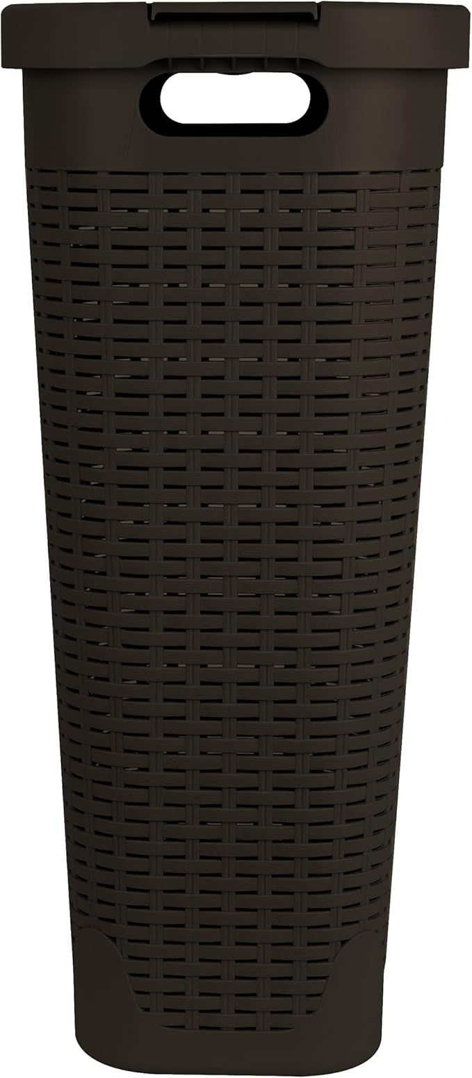 Mind Reader Slim Laundry Hamper with Lid, 40L Clothes Basket, Narrow Tapered Design with Ventilated Cutout Pattern, Plastic, Brown