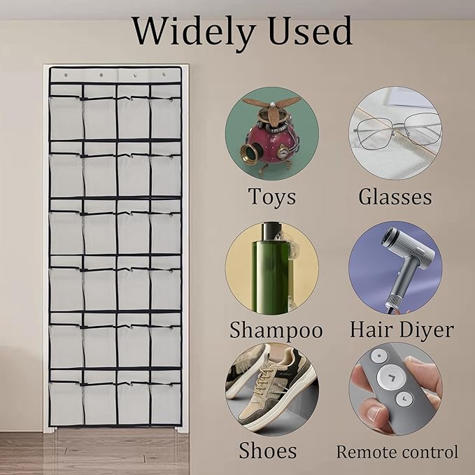 White Over Door Shoe Organizer, 24 Large Pockets Hanging Storage for Closet Organization, Space Saving Shoe Rack and Accessory Holder