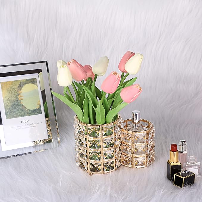 Hipiwe Makeup Brush Holder Gold Bling Crystal Makeup Brush Organizer Round Remote Control Holder Cosmetic Brush Tools Comb Pen Pencil Storage Pot Cup for Vanity, Office, Home Decor, 2-Slot