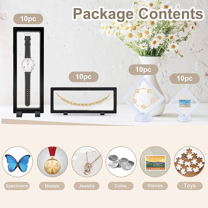 40 PCS Floating Display Case, 3D Challenge Coin Display Holder Frames with Stands, Transparent PE Jewelry Storage Box for Butterfly, Medallion, Shells, Gems, Pins, Specimen (Black, White)