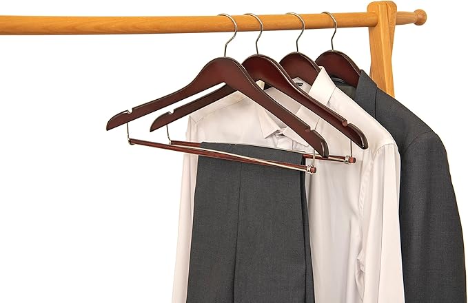 Quality Hangers Wooden Hangers Beautiful Sturdy Suit Coat Hangers with Locking Bar Chrome Hooks (50)