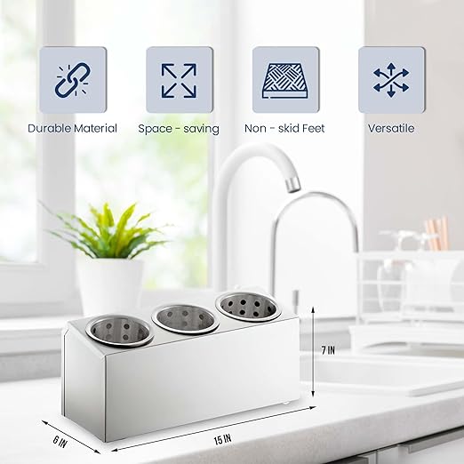 OCS Parts 3-Compartment Silverware Display Holder | Stainless Steel Cylinders | Stainless Steel Kitchen Caddy Utensil Holder with Perforated Cylinders for Home Kitchens, Restaurants and Buffets