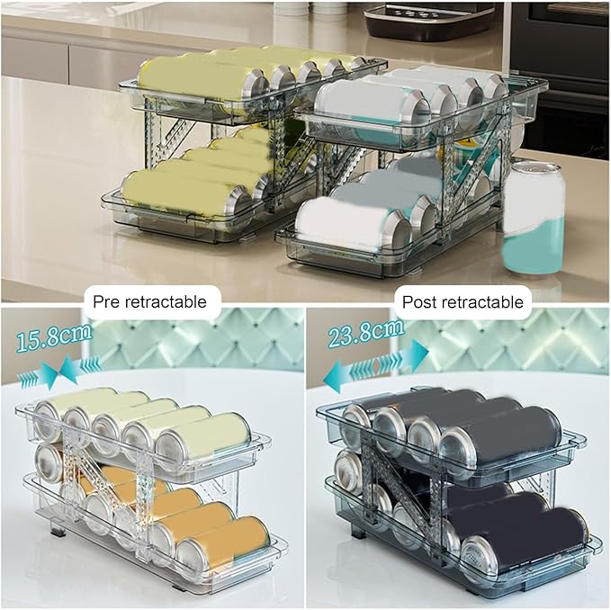 Auto Rolling Soda Can Dispenser Blue Organizer Dispenser 2 Tier Adjustable Width Drink Container Holder for Fridge