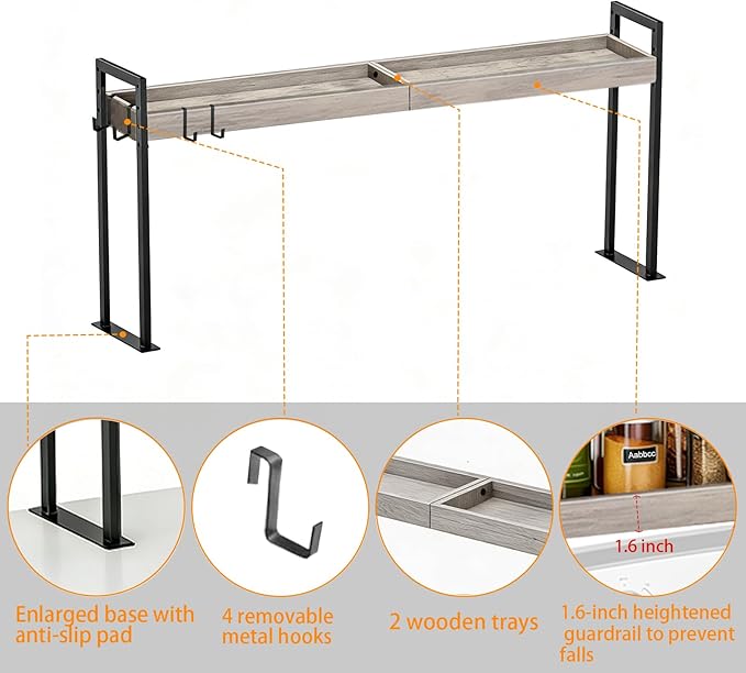 Spice Rack Shelf for Kitchen Stove, Over The Stove Shelf with 4 Level Adjustable Height, Over Stove Spice Rack with 4 Hooks, Grey + Black