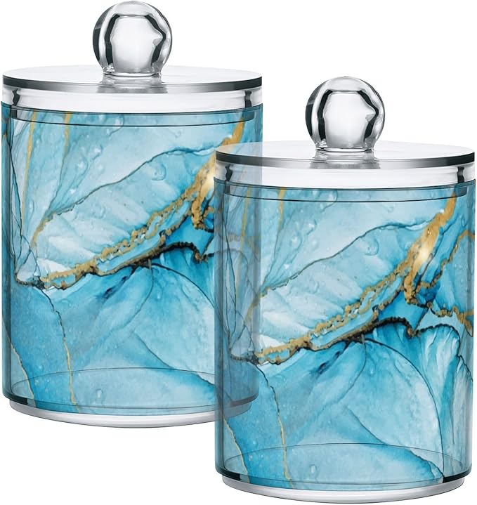 4 Pack Qtip Holder Dispenser Blue Marble Liquid Watercolor Cotton Ball Swab Round Pads Floss Clear Bathroom Storage Containers Plastic Apothecary Jars with Lids