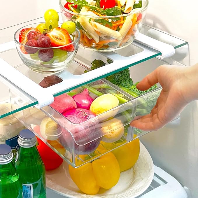 Glad Pull Out Fridge Drawer Organizer - Clip-On Under Shelf Refrigerator & Pantry Storage Bin with 2 Compartments for Fruit, Vegetables, and Deli Meat Drawer - BPA Free Clear Plastic