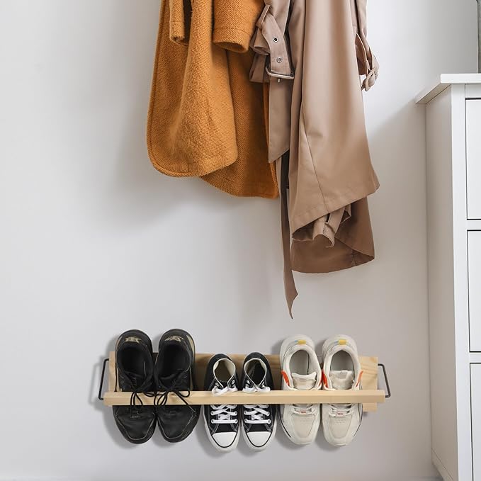 Mifoci 2 Pcs Wall Mounted Shoe Rack Organizer Wooden Modern Compact Wall Space Saving Shoe Holder Storage for Sneaker Footwear Slipper Boots Entryway Narrow Spaces Hallway(28.35'' Long)