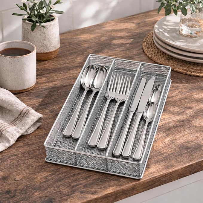 YBM Home Metal Silverware Organizer for In-Drawer Cutlery Storage, 3 Compartment Mesh Cutlery Flatware Tray Sorts Kitchen Utensils, Great for Office Supplies 1150s