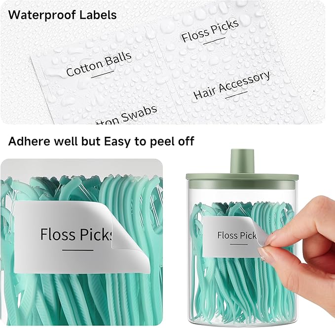 3 Pack Glass Qtip Holder Dispenser- 10 oz Clear Canister Apothecary Jar, Bathroom Vanity Storage Organizer Set for Cotton Swabs, Pads, Floss Picks, Small Containers for Makeup Storage (Green)