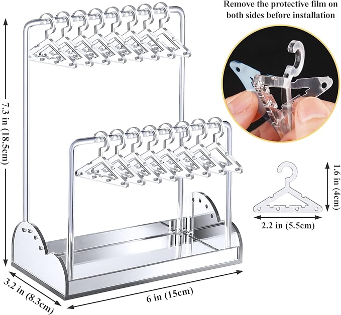 NiHome Acrylic Earring Holder with Unique Double-Tiered Design, Cute Miniature Clothing Hangers with Spacious Storage for 48 Pairs, Display for Home Vanity & Retail Showrooms (Silver, With Tray)