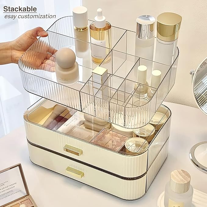 Makeup Organizer with Wide Drawer for Vanity, Stackable Cosmetic Organizer Countertop, Clear Skincare Storage for Bathroom Counter, Perfume, Lipstick, Brushes and Palettes, Cream White