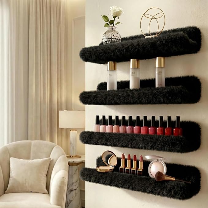 Care&More YJ 15 Inch Nail Polish Shelves, 4-Pack Fuzzy Display Nail Polish Rack for Storing Nail Bottles, Sunglasses, Essential Oils, Plush Soft Black