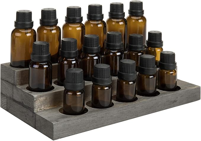 MyGift Vintage Gray Wood 3-Tier Essential Oil Display Stands, Countertop Organizer Rack for 17 Bottles Each