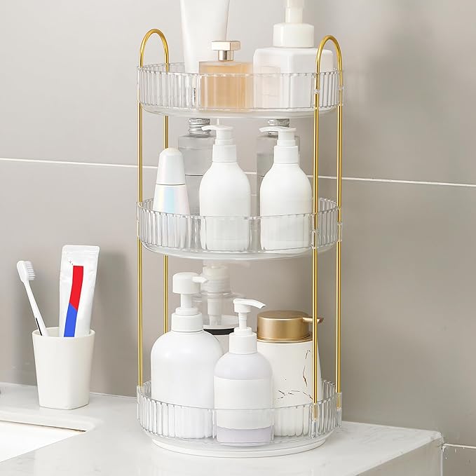 YCIA&DONE 360 Rotating Makeup Organizer and Storage for Vanity Countertop 3 Tiers, High Capacity Cosmetic Skincare Perfume Organizers for Dresser Bathroom Lazy Susan (Clear White)