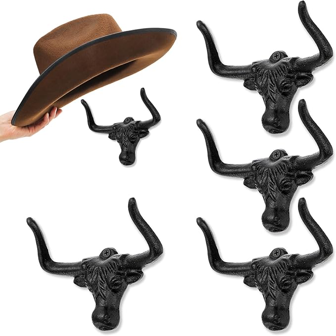 Foraineam 4 Pack Cowboy Hat Rack for Wall, Animal Head Metal Cowboy Hat Hanger Cap Holder, Cast Iron Western Longhorn Hooks for Closet Bedroom Living Room Hats Storage and Display Rustic Men's Gift
