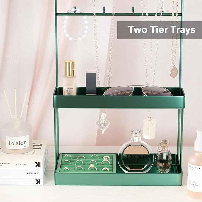 Lolalet 4-Tier Jewelry Organizer Stand with 12 Hooks, Necklace Bracelet Ring & Sunglasses Holder, Cute Metal Jewelry Storage Rack for Vanity, Dresser or Entryway, No Assembly -Green
