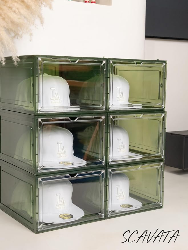 SCAVATA 6 Pack Hat Organizer Box, Stackable Clear Baseball Caps Holder Box Containers with Magnetic Door for Hats Snapback Cap Storag, Hat Rack Display Case, Holds 8 Hats Each (Green)