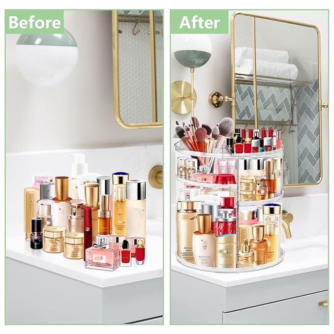 360 Rotating Makeup Organizer, Large Capacity Cosmetics Organizer for Perfume Holder Organizer Countertop DIY Spinning Makeup Organizer Fits Makeup Brushes Lipsticks Clear (White)