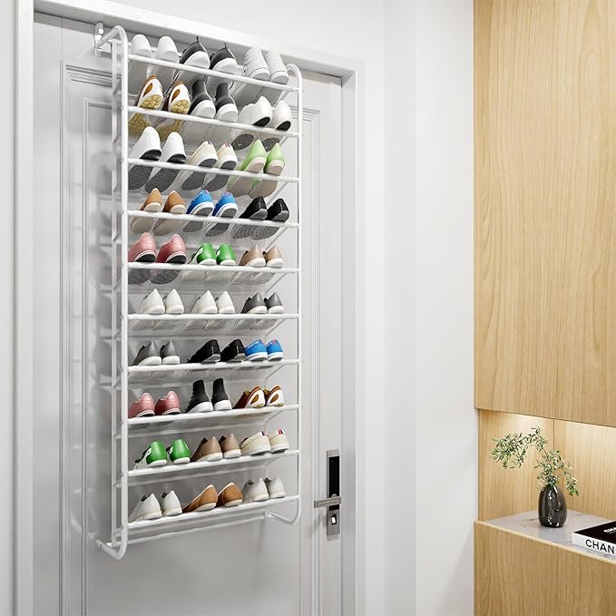 AQQHSAIN 10 Tier Over The Door Shoe Organizer Wall Shoe Shelf Shoe Holder Door Shoe Rack for Closet Pantry Hanging Shoes Clothes Toys Storage Shelves (White)