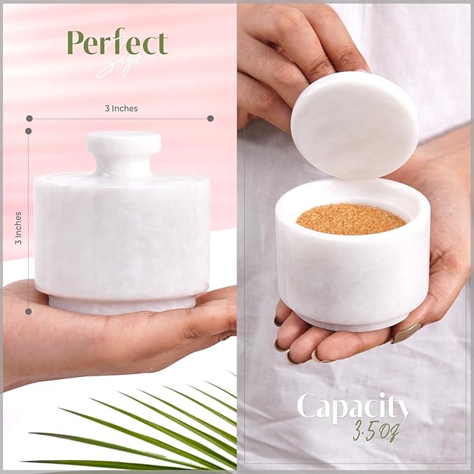 MARBLOUS KRAFTS Marble Salt Cellar with Lid 3" Inch White Salt Box, Stone Salt Container & Spice Jars, Stone Salt Holder for Counter, Spice Jar & Salt Jar
