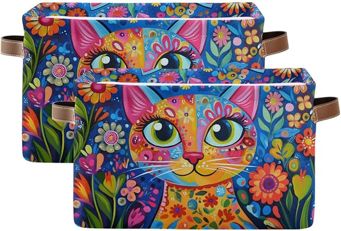 Large Storage Basket Colorful Cat Whimsical Style Storage Bin Cube Canvas Fabric Organizer Handles Collapsible for Clothes Toys Bedroom Decorative