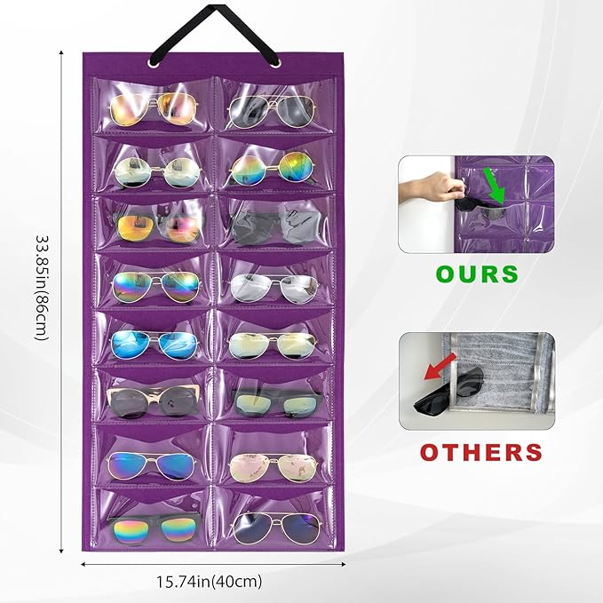 Lolalet Sunglasses Organizer, Hanging Sunglass Holder Organizer for Wall 16 Slots Double Sided Glasses Organizer -Purple, 1 Pack
