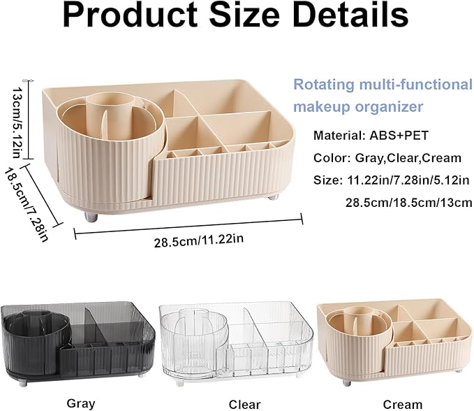 DASITON Large Capacity Makeup Organizer with 360° Rotating Makeup Brush Holder, Multi-Compartment Skincare and Cosmetic Storage for Vanity, Bathroom Countertop, Dresser, Desktop Storage Box (Cream)