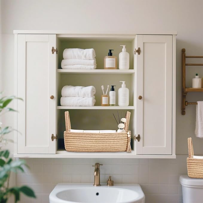 ABenkle Small Storage Basket, Jute Rope Woven Toilet Paper Tray Organizer for Toilet Tank Top, Boho Bathroom Decor Holder for Shelf Bedroom Living Room -13x6x4 Inches