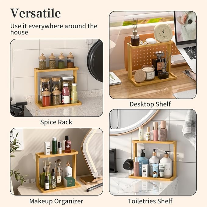 PEKER Bamboo Bathroom Organizer Countertop โ Small Vanity Storage Shelf for Makeup, Perfume, Skincare โ Natural Cosmetics Display Rack for Dresser, Sink, Kitchen โ Natural